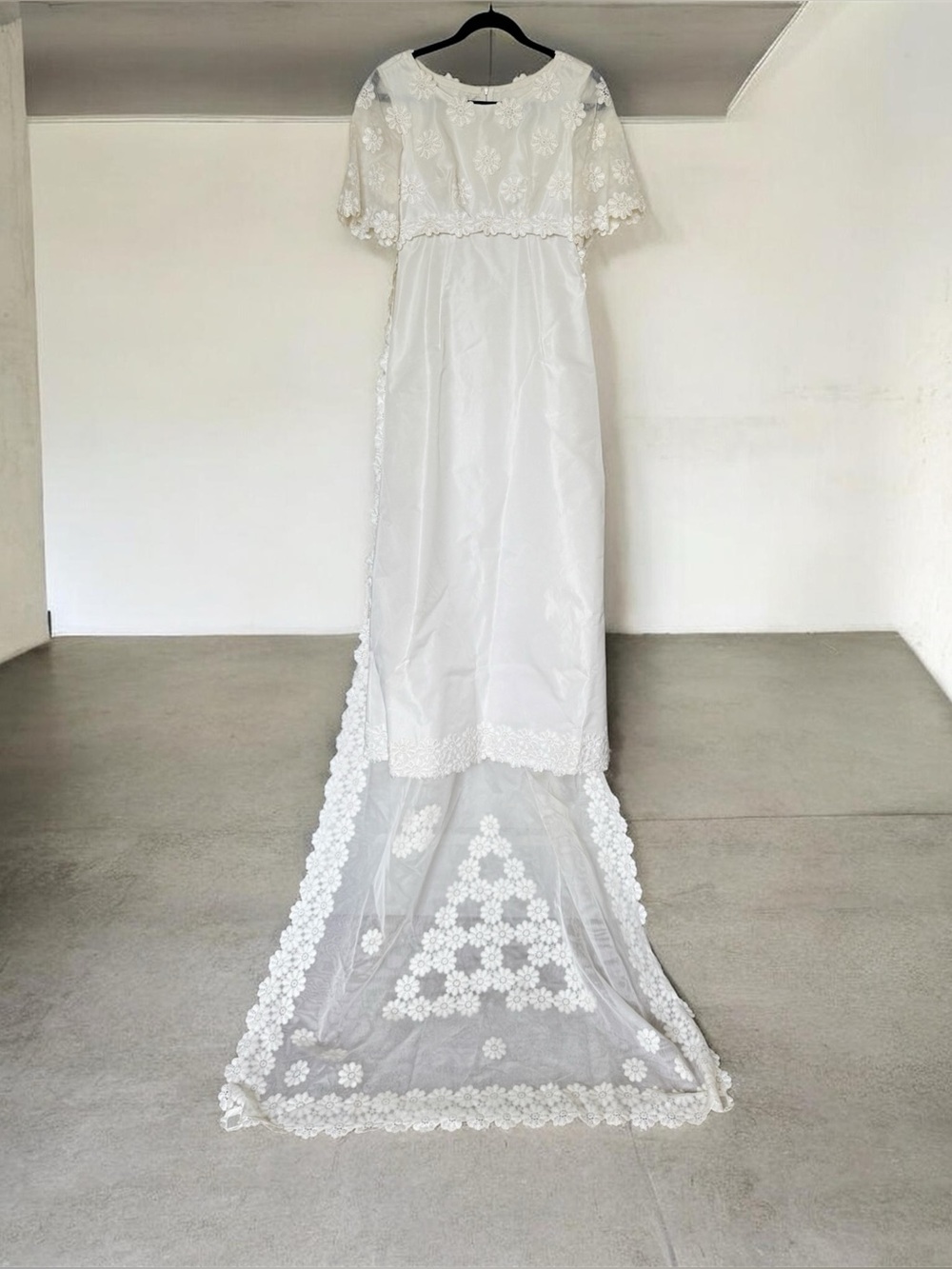 Vintage 1960s floral wedding dress, handmade, long train